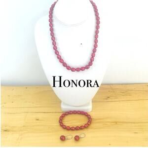 HONORA 925 Red Pearl 18" + 2" NECKLACE EARRINGS BRACELET Set Stretch Drop Dangle